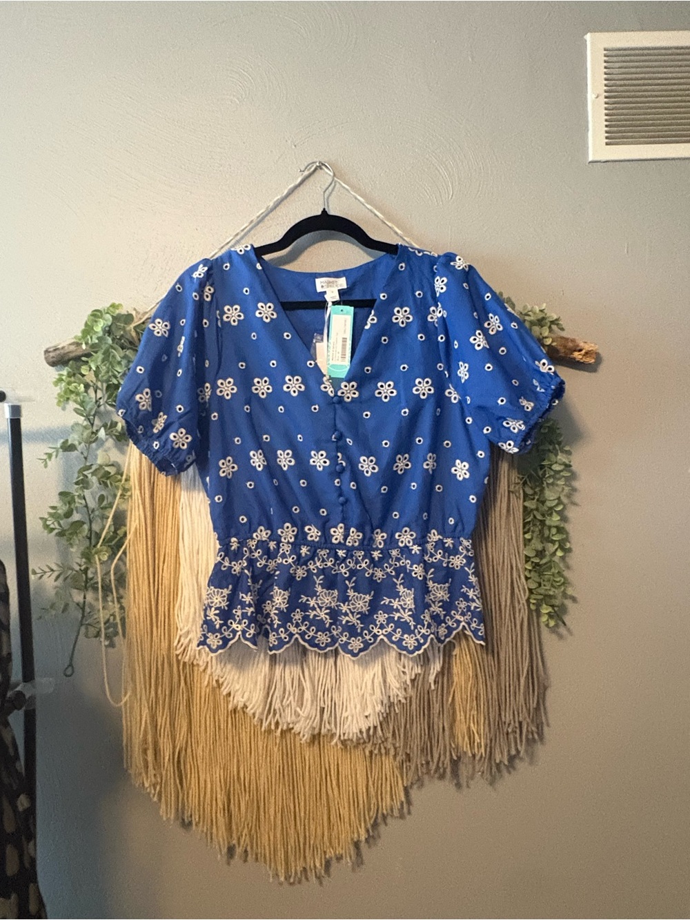Market & Spruce Royal Blue Embroidered V-Neck Peplum Blouse